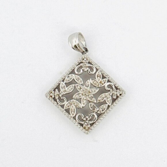 Unbranded Jewelry - Brand New Sterling Silver 925 Filigree Floral Design Pendant w/ White Crystals,
